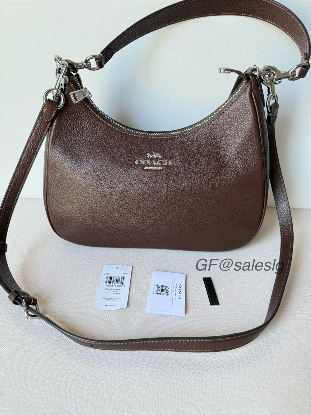 NWT Coach Teri Hobo Shoulder Bag Maple Brown Pebble Leather Silver CV935 - Picture 15 of 16